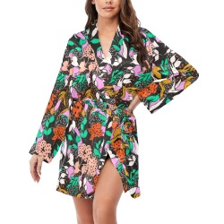 Modern floral simple 2 Women's Long Sleeve Belted Night Robe