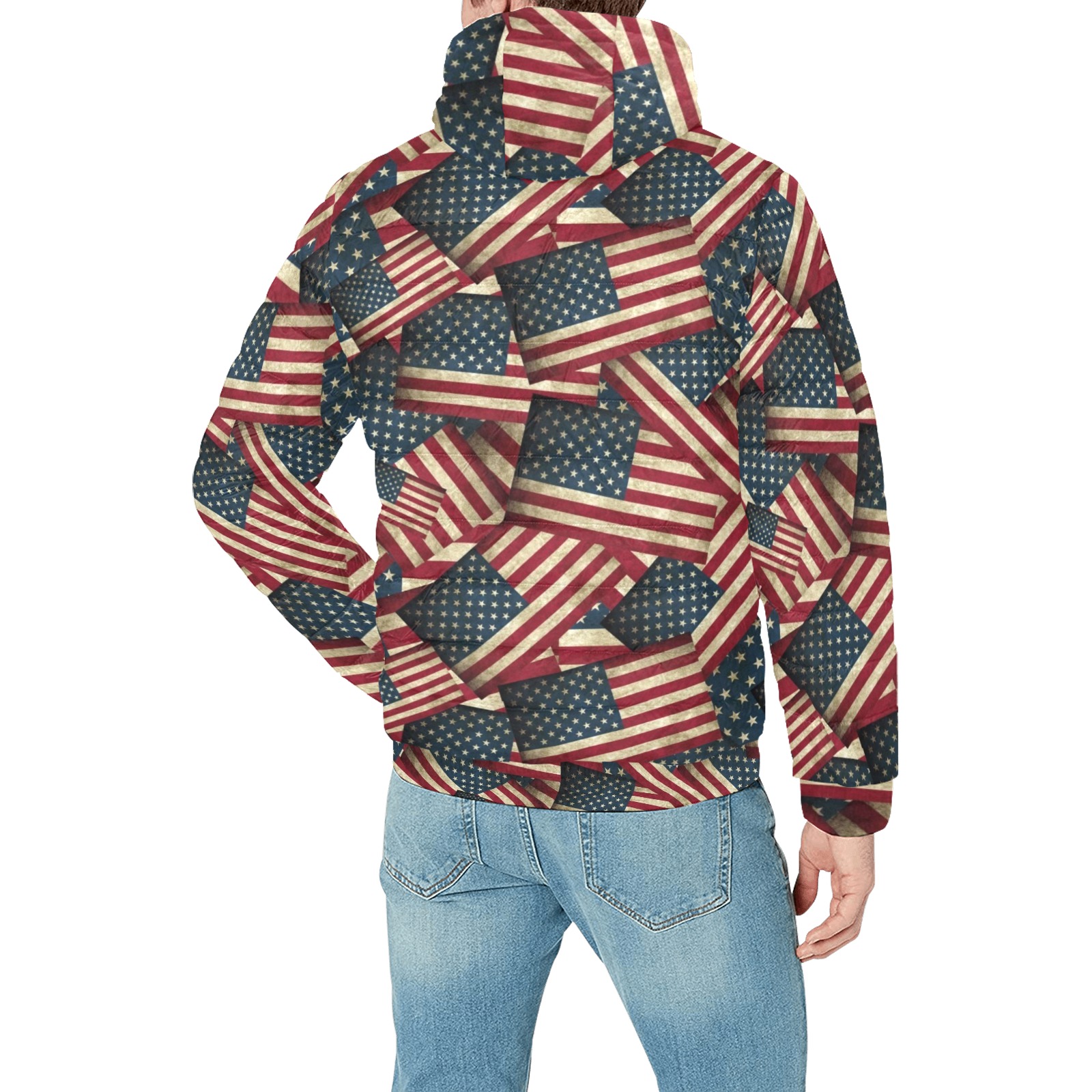Patriotic USA American Flag Art Men's Padded Hooded Jacket (Model H42)