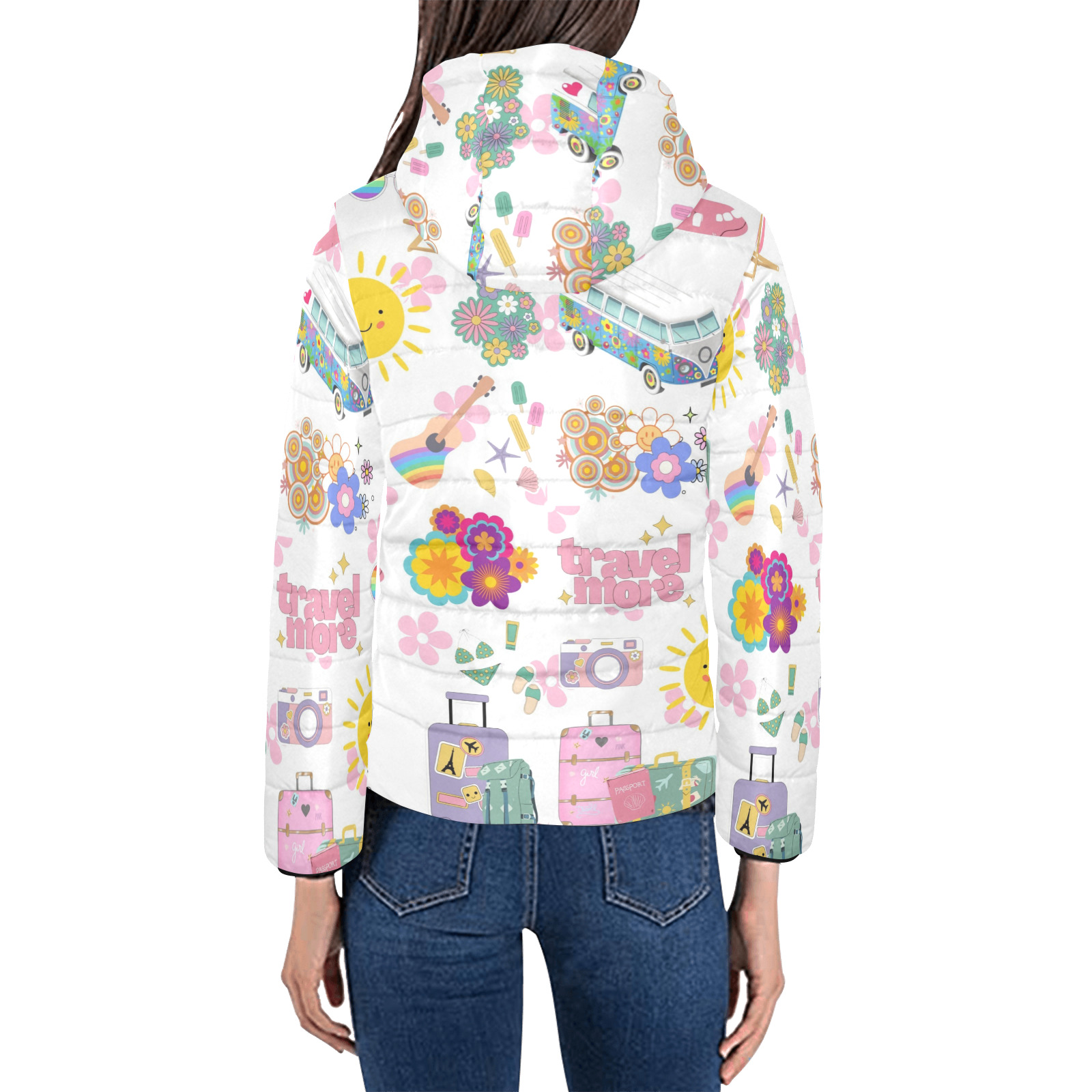 Hippie Summer Holiday Travel Vacation Artwork Design Women's Padded Hooded Jacket (Model H46)
