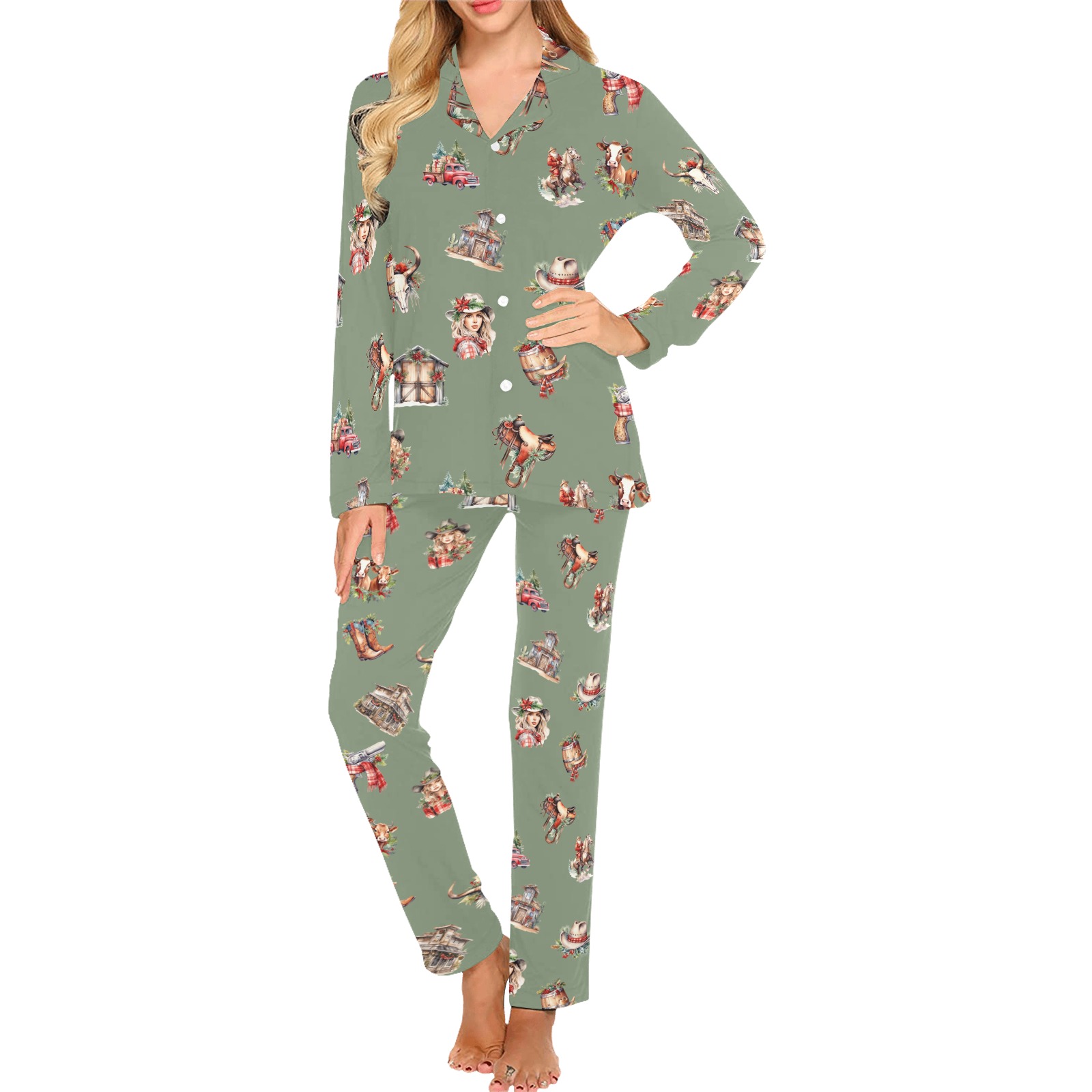 Women's Cowboy Christmas Pajamas green Women's Long Pajama Set