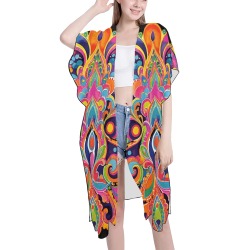 Abstract Retro Hippie Paisley Floral Mid-Length Side Slits Chiffon Cover Ups (Model H50)