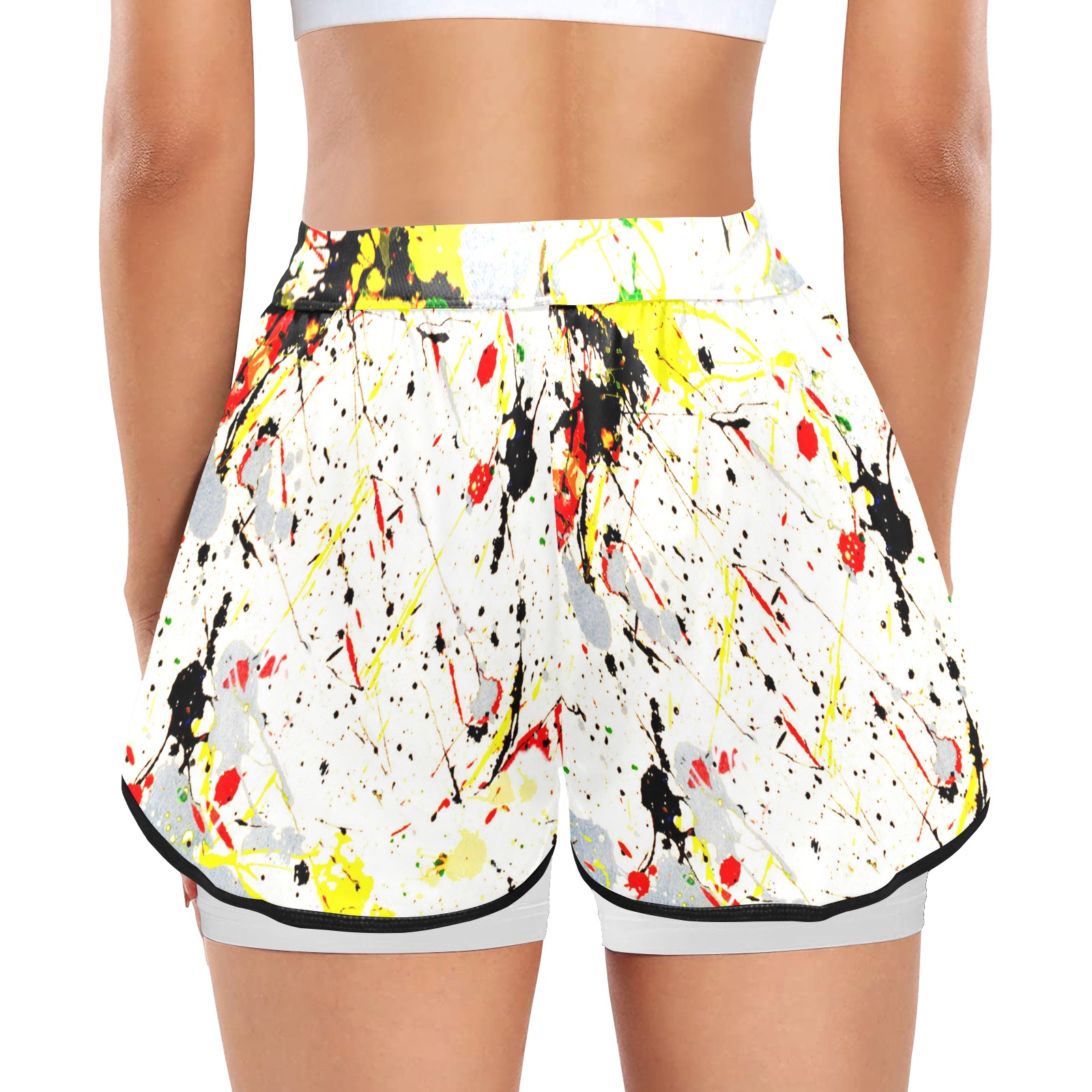 Yellow & Black Paint Splatter Women's Sports Shorts with Compression Liner (Model L63)