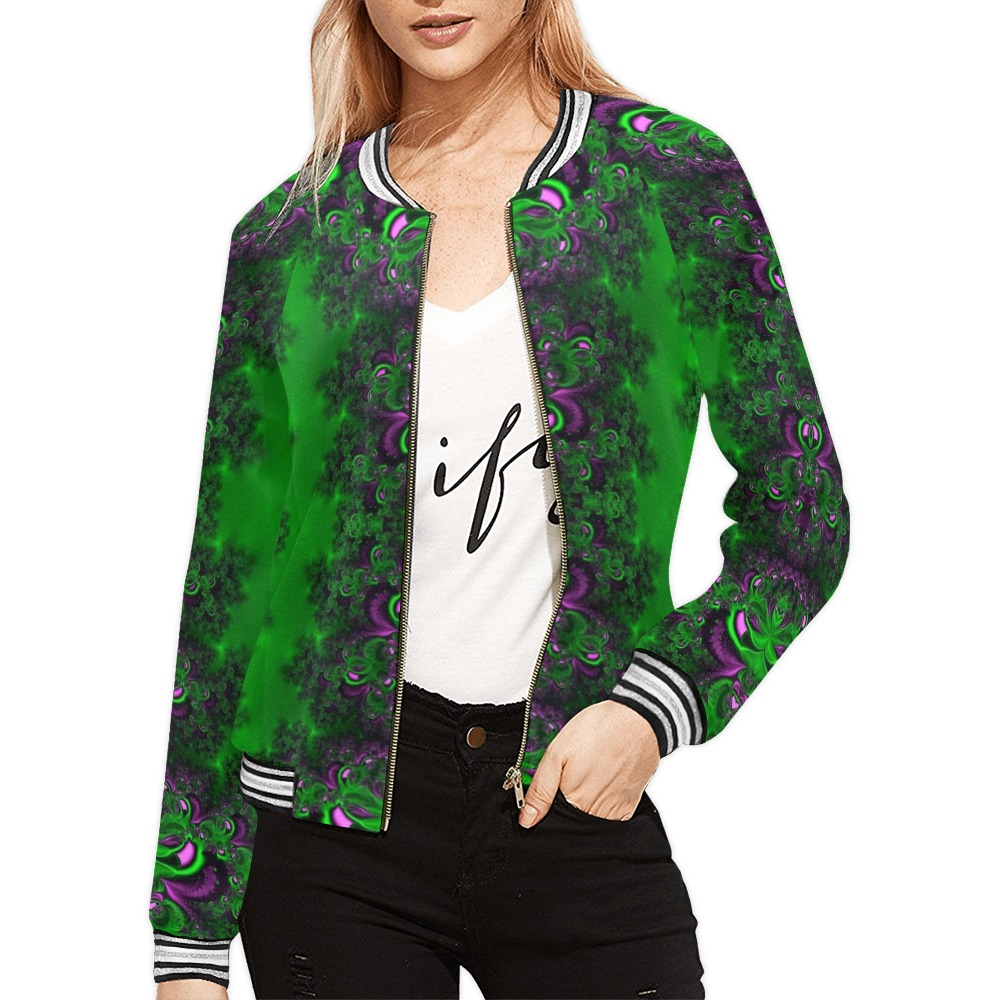 Early Summer Green Frost Fractal All Over Print Bomber Jacket for Women (Model H21)