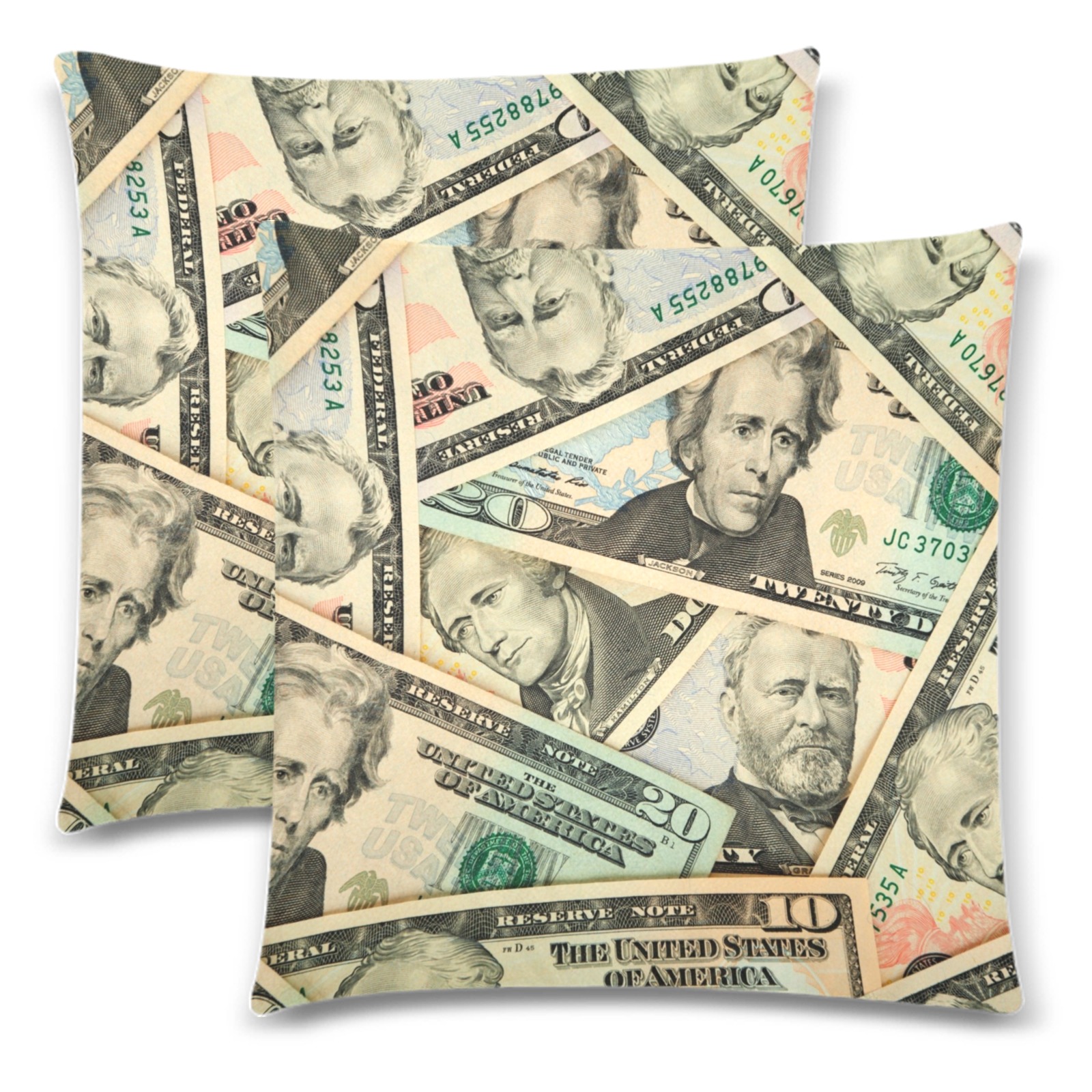 US PAPER CURRENCY Custom Zippered Pillow Cases 18"x 18" (Twin Sides) (Set of 2)