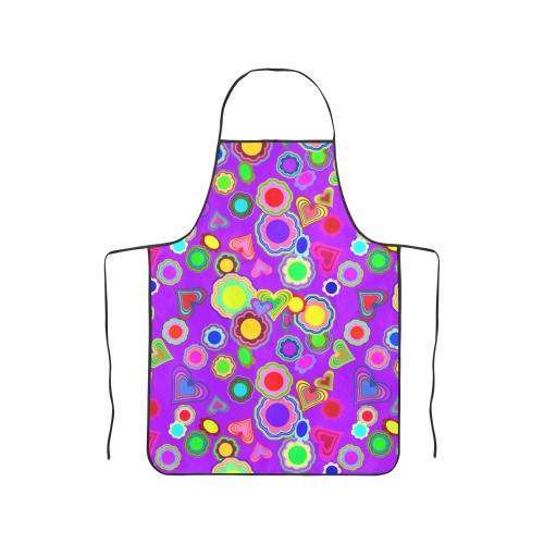 Groovy Hearts and Flowers Purple Women's Overlock Apron with Pocket