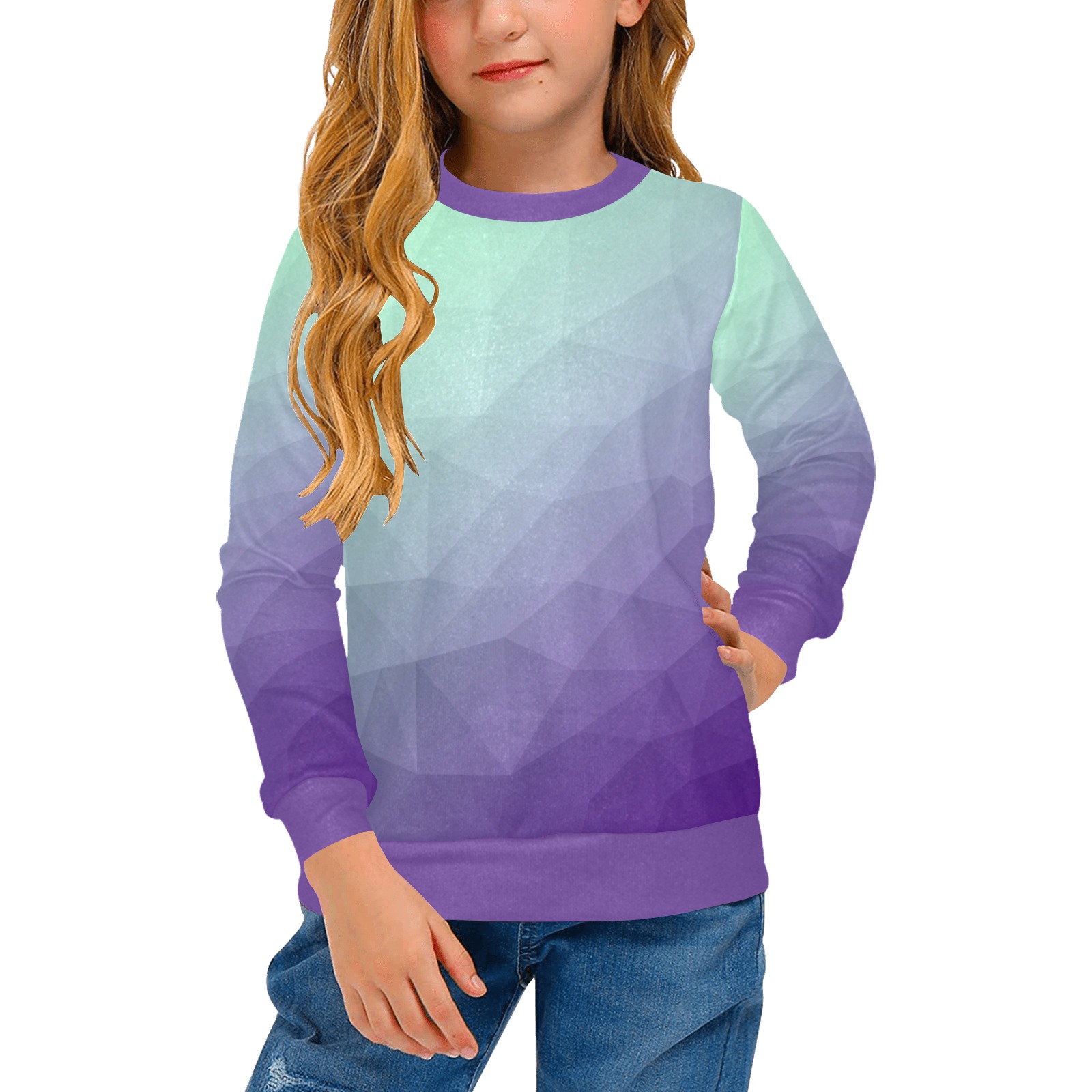 Purple green ombre gradient geometric mesh pattern Girls' All Over Print Crew Neck Sweater (Model H49)