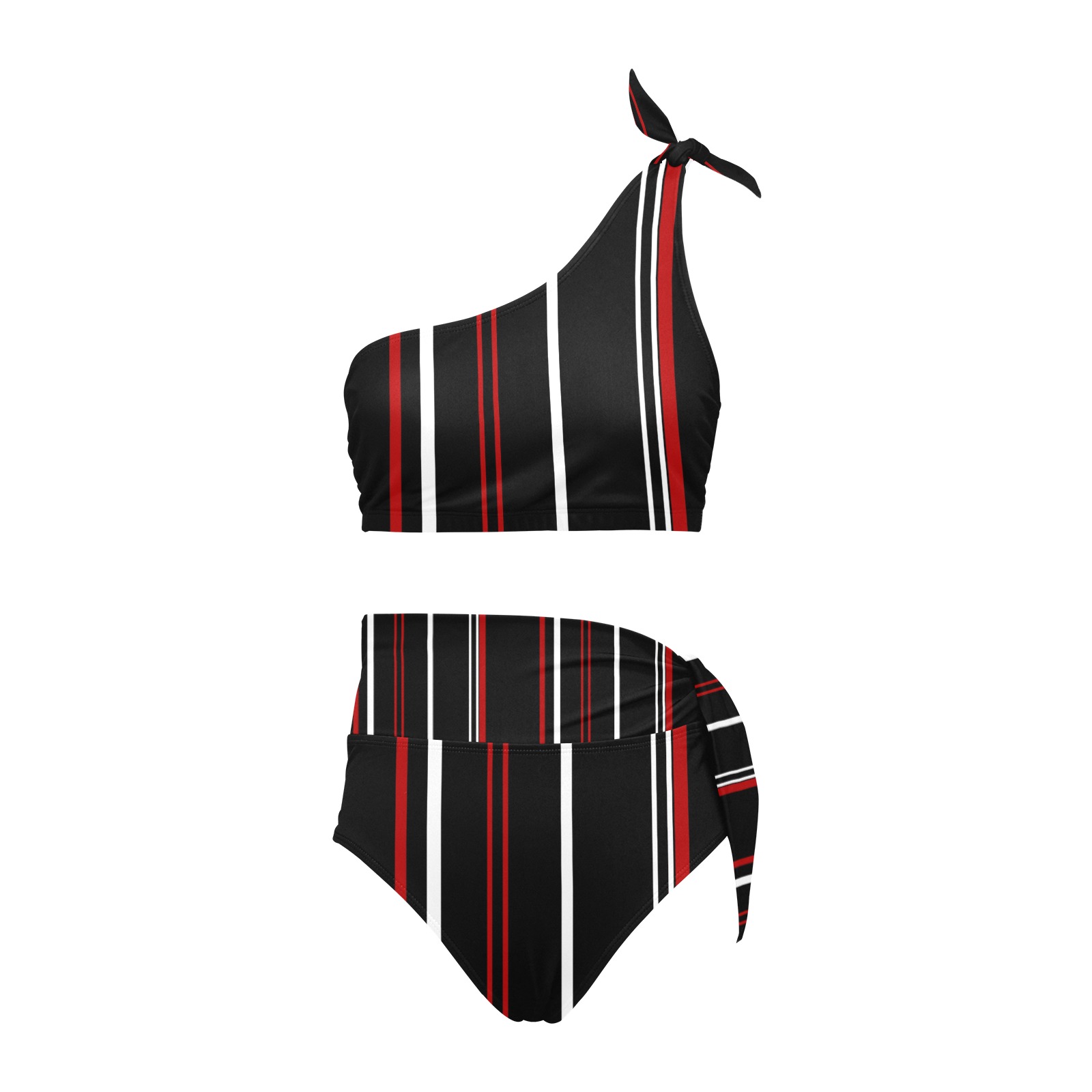 Black red and white stripes High Waisted One Shoulder Bikini Set (Model S16)