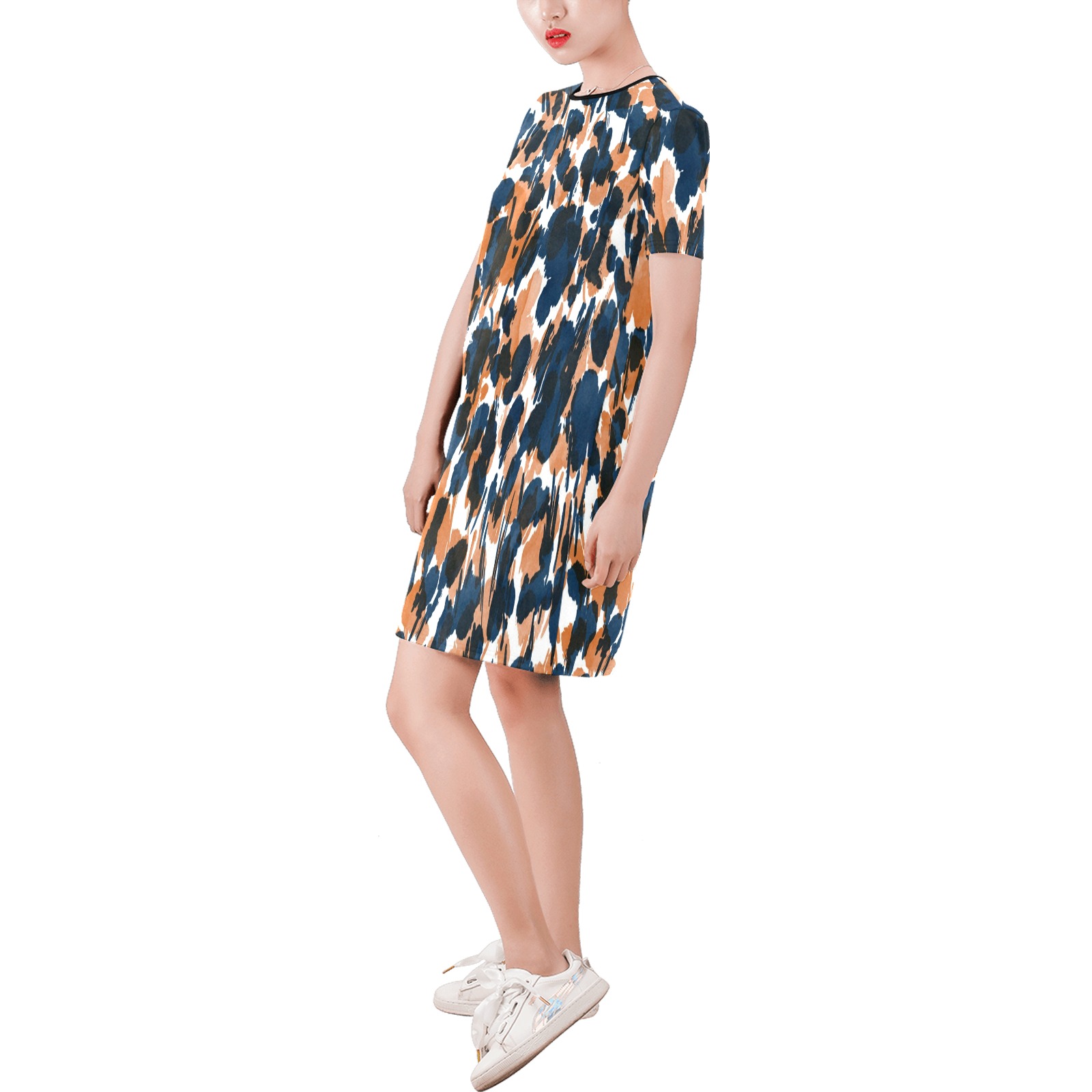 Dots brushstrokes animal print Short-Sleeve Round Neck A-Line Dress (Model D47)