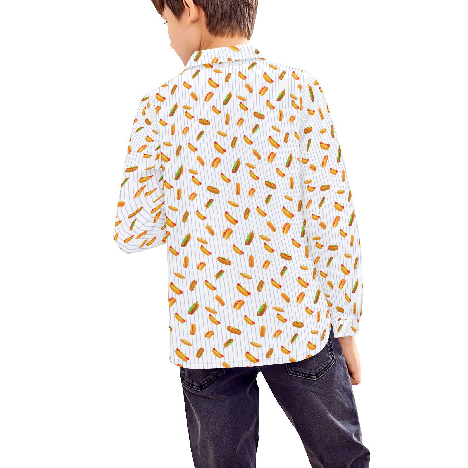Hot Dog Pattern on Black Big Boys' All Over Print Long Sleeve Polo Shirt (Model T73)