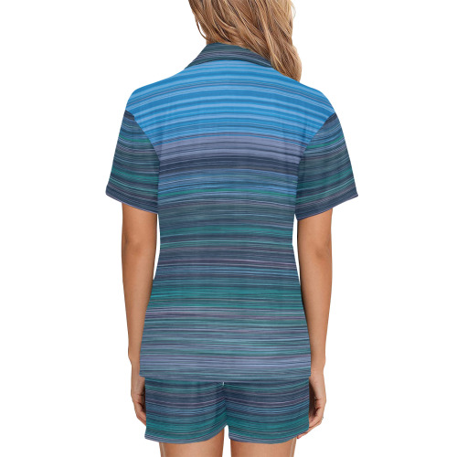 Abstract Blue Horizontal Stripes Women's V-Neck Short Pajama Set