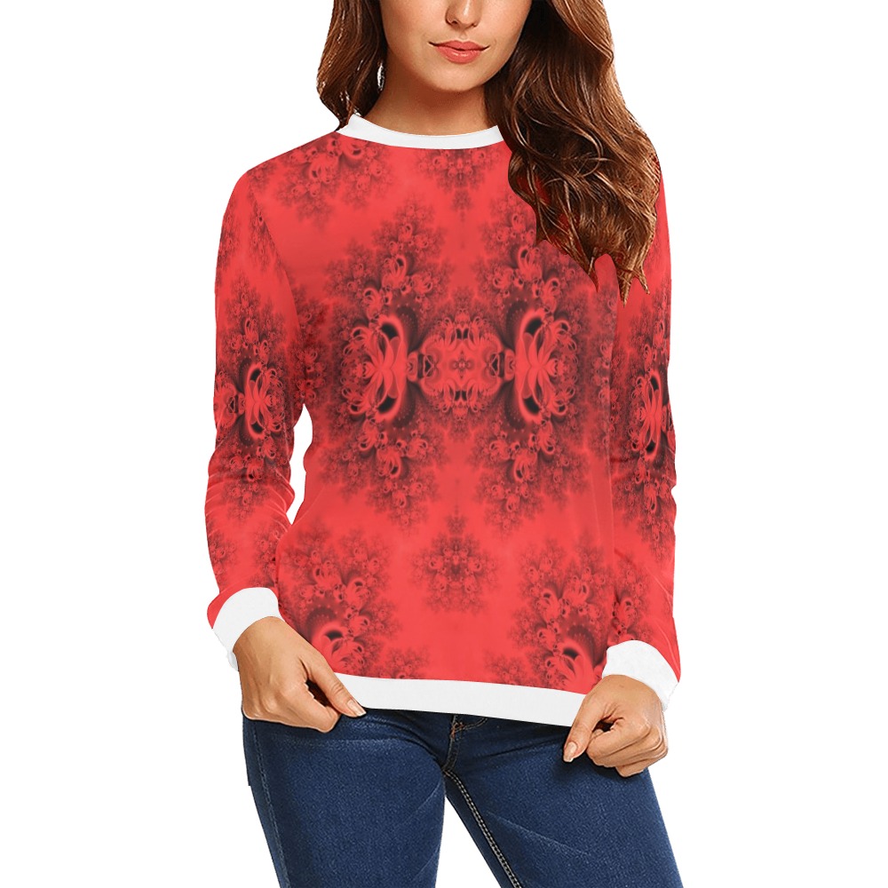 Autumn Reds in the Garden Frost Fractal All Over Print Crewneck Sweatshirt for Women (Model H18)