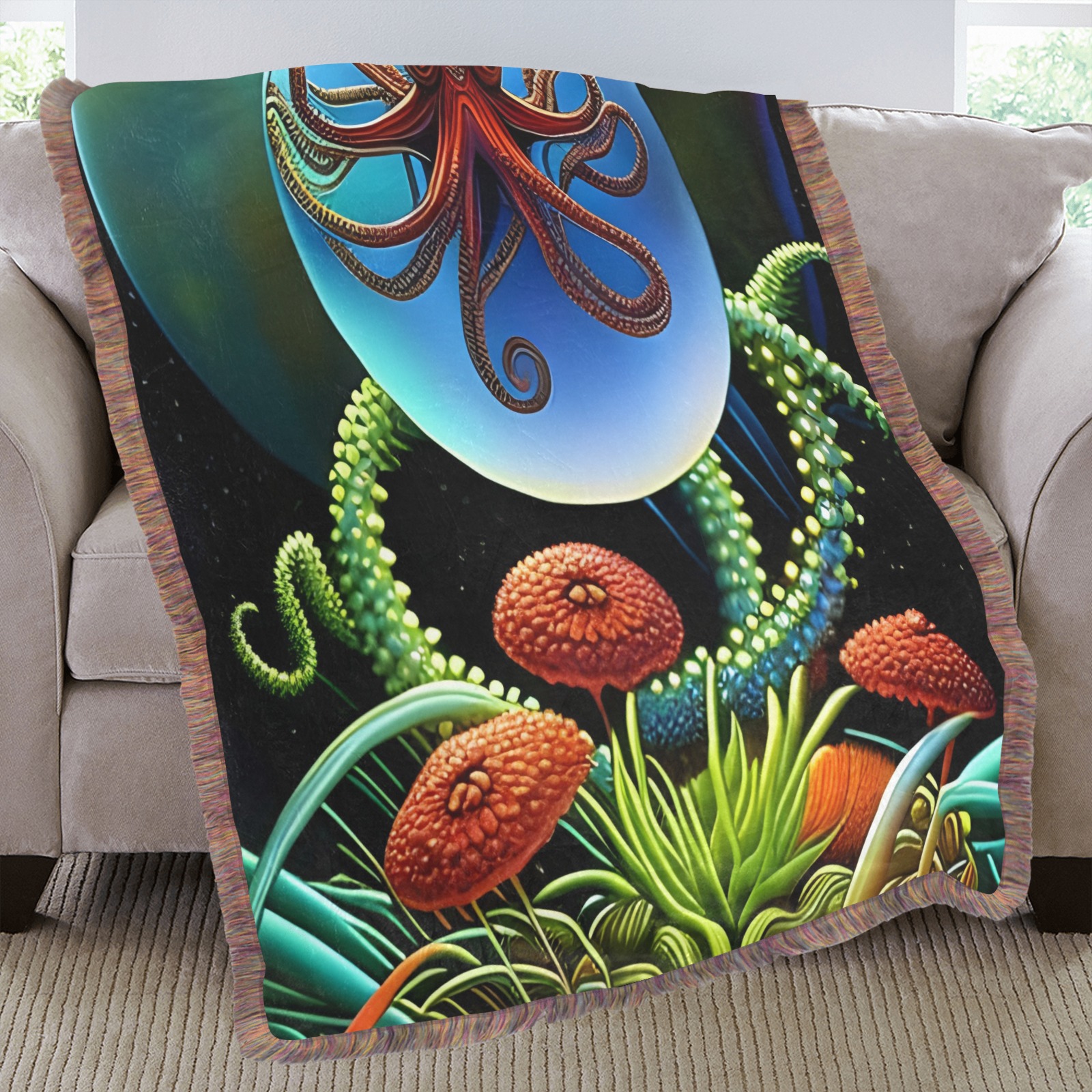 Out Of This World Spheres Octopus Ultra-Soft Fringe Blanket 50"x60" (Mixed Green)