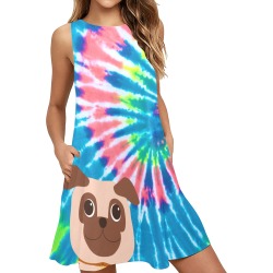 Tie Dye Pug Dress Sleeveless A-Line Pocket Dress (Model D57)