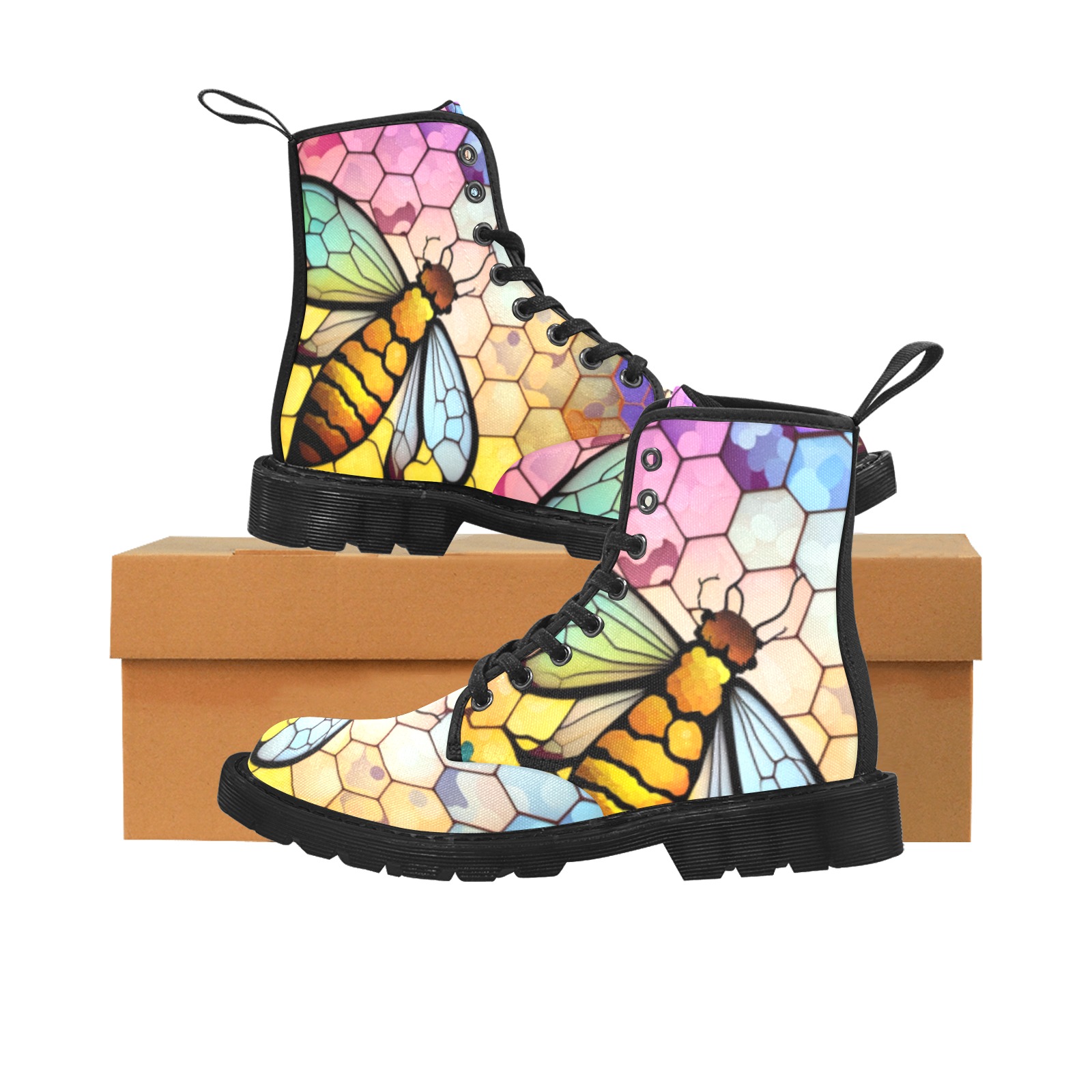 honeycomb bee hive stained glass design Martin Boots for Women (Black) (Model 1203H)