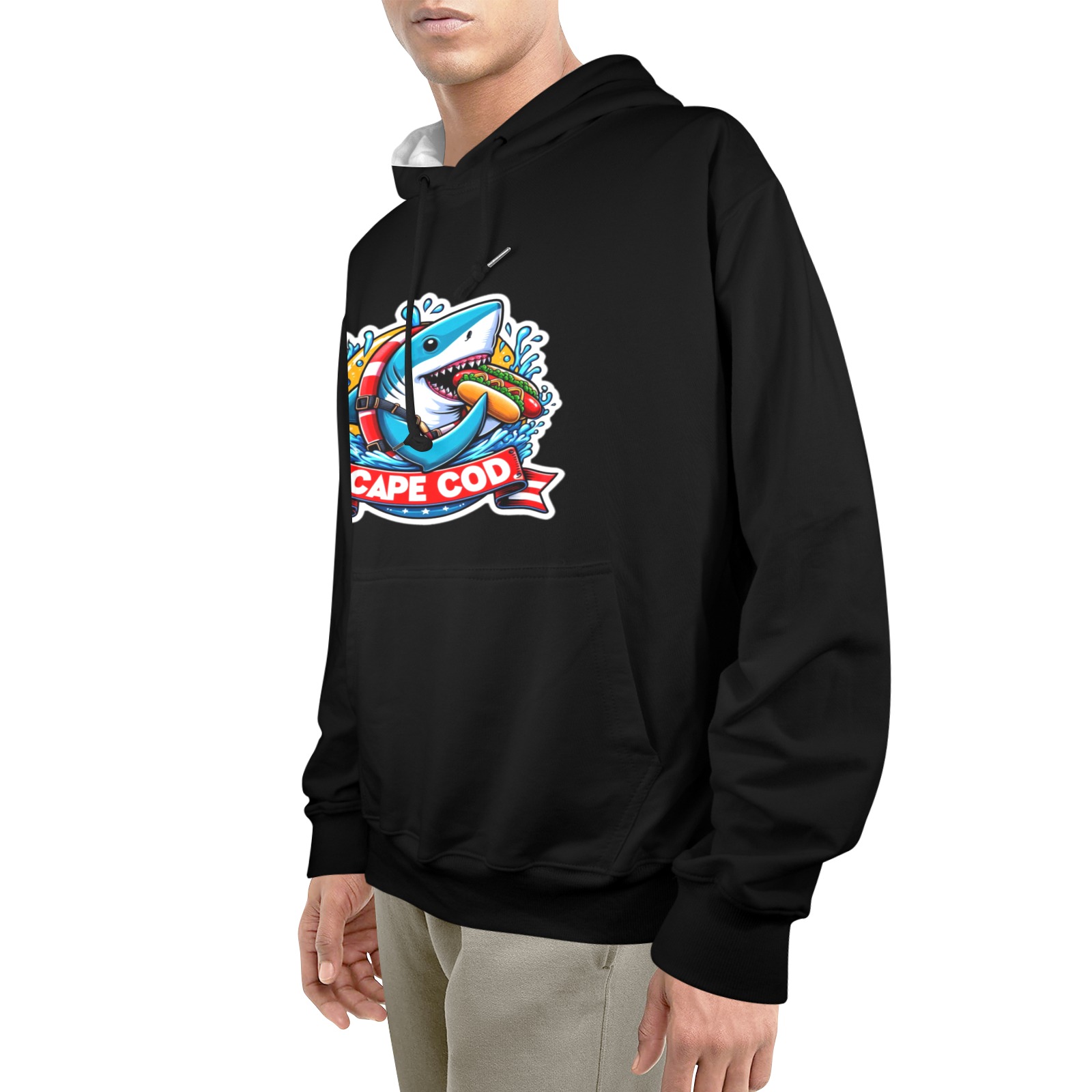 CAPE COD-GREAT WHITE EATING HOT DOG Men's Glow in the Dark Hoodie (Two Sides Printing)