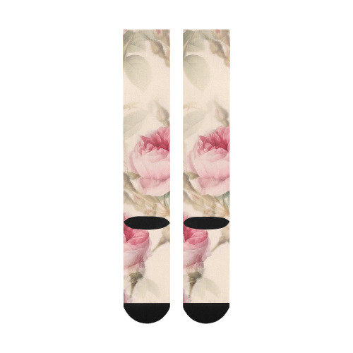 Vintage Pink Rose Garden Pattern Over-The-Calf Socks