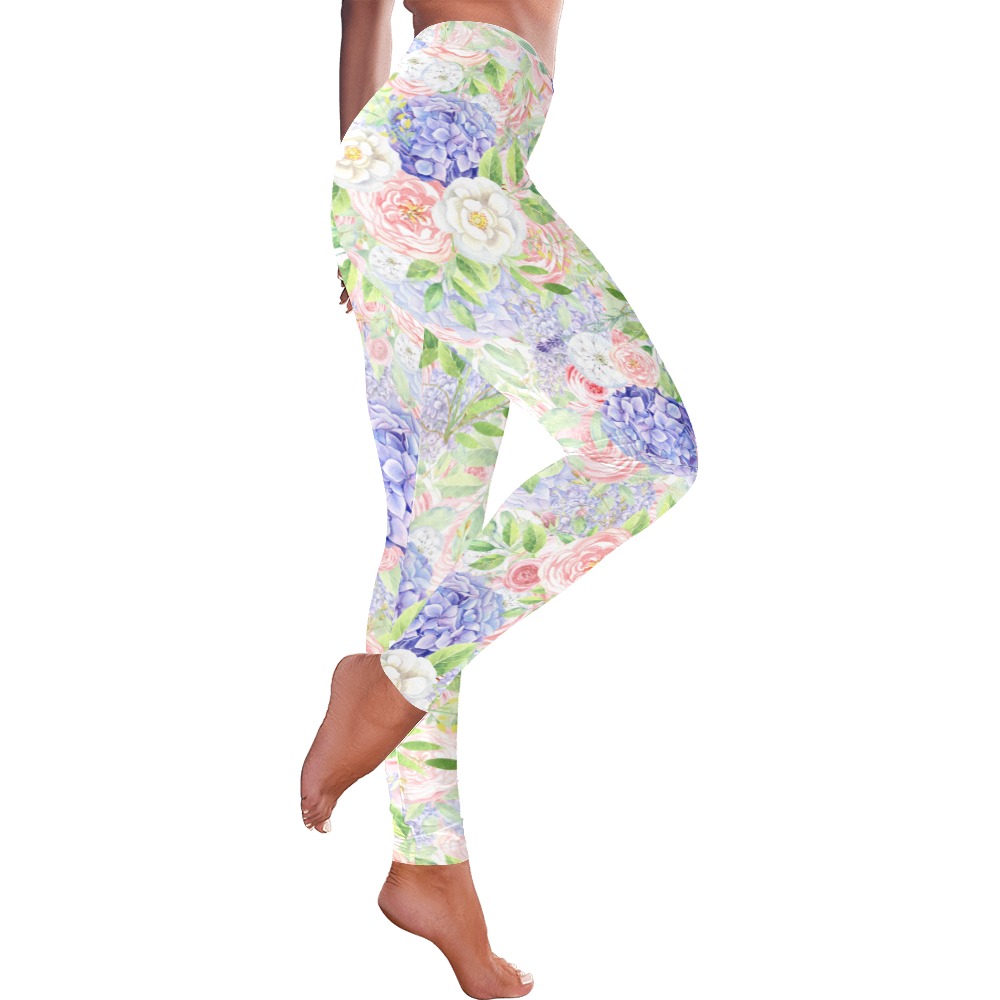 Blue Hydrangea Floral Pattern Women's Low Rise Leggings (Invisible Stitch) (Model L05)