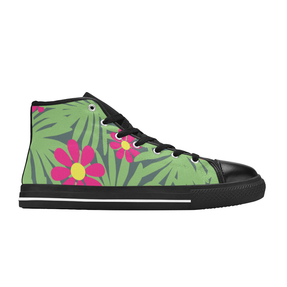 Pink Exotic Paradise Jungle Flowers and Leaves Women's Classic High Top Canvas Shoes (Model 017)