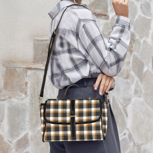 Classic Plaid (Tan) Multi-Function Satchel-Black (Model 1740)