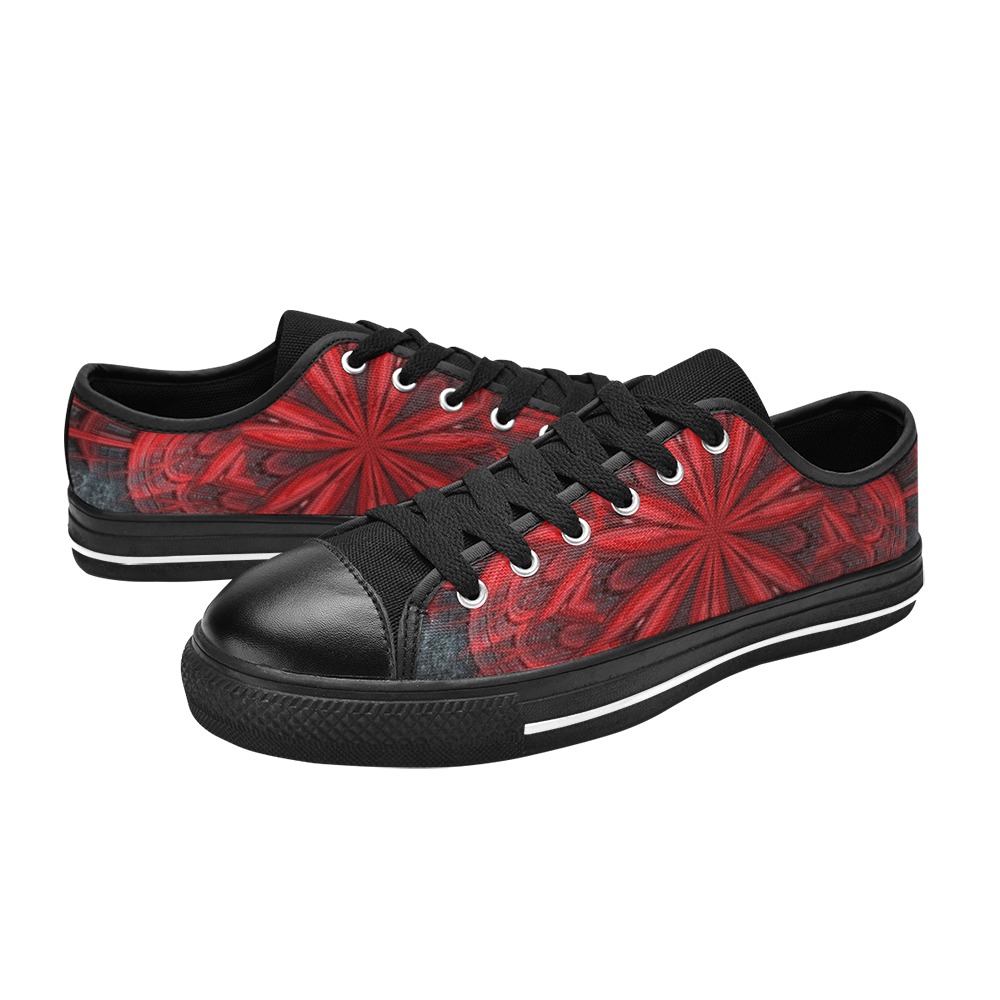 Red Flower on the Black Lava Fractal Kaleidoscope Mandala Abstract Women's Classic Canvas Shoes (Model 018)