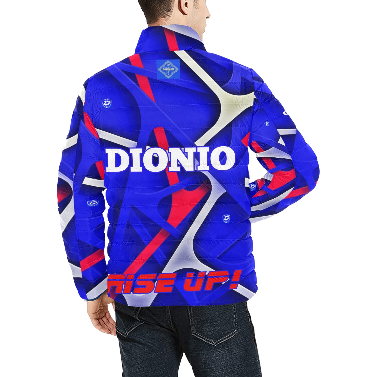 DIONIO Clothing - RISE UP! Stand Collar Padded Jacket (Blue, White & Red) Men's Stand Collar Padded Jacket (Model H41)