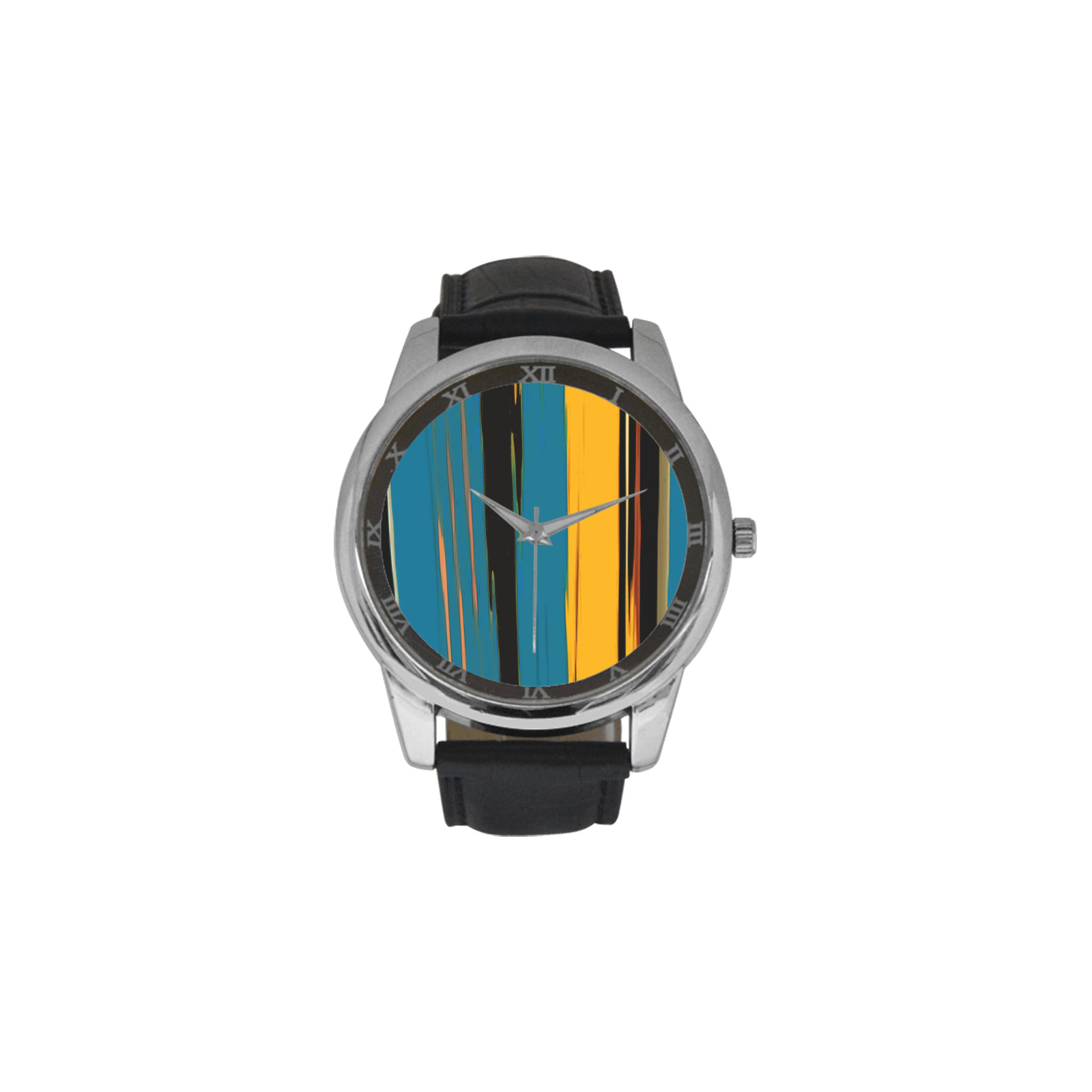 Black Turquoise And Orange Go! Abstract Art Men's Leather Strap Large Dial Watch(Model 213)