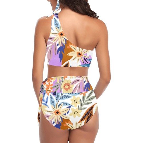 The vibrant colorful garden blooms High Waisted One Shoulder Bikini Set (Model S16)