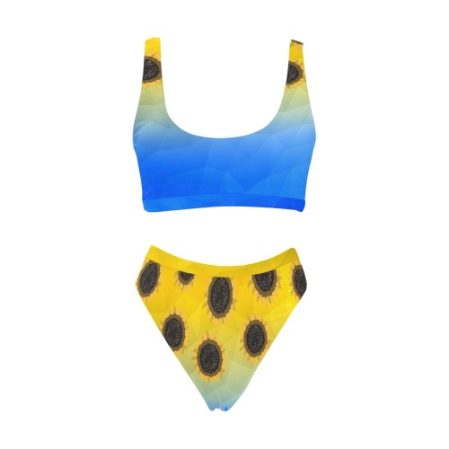 Ukraine yellow blue geometric mesh pattern Sunflowers Sport Top & High-Waisted Bikini Swimsuit (Model S07)