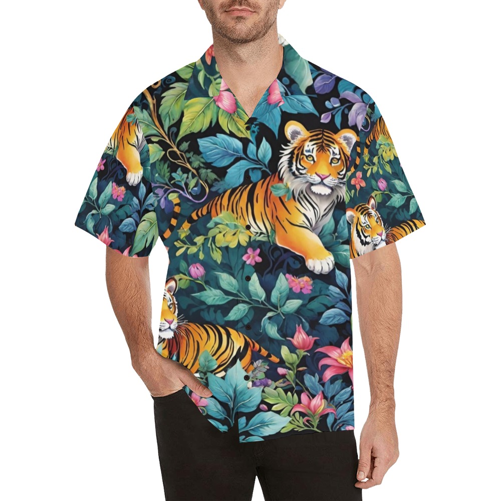 Jungle Tigers and Tropical Flowers Pattern Hawaiian Shirt with Merged Design (Model T58)