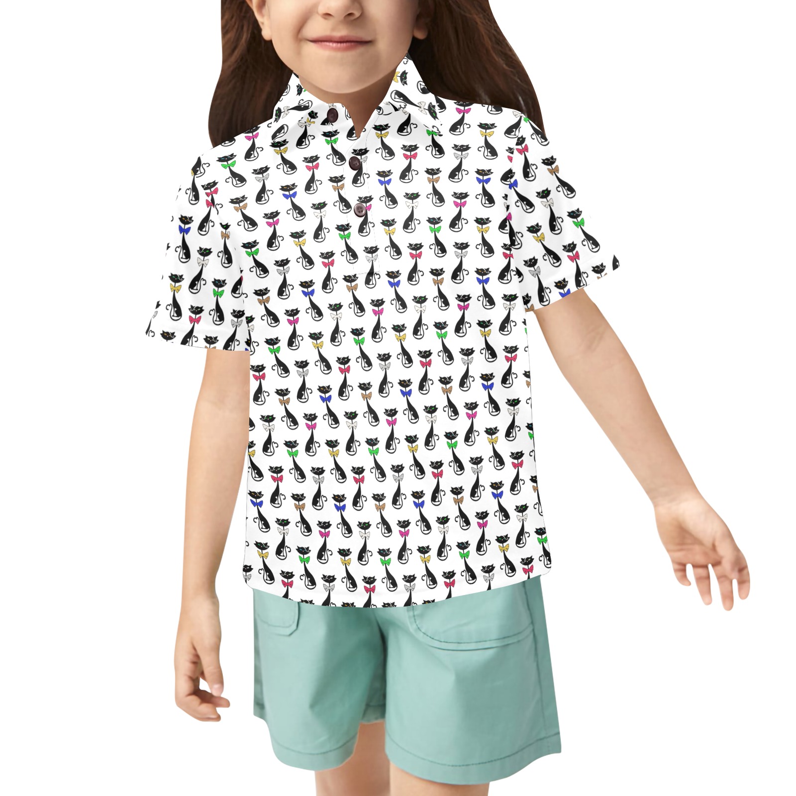 Black Cats Wearing Bow Ties Little Girls' All Over Print Polo Shirt (Model T55)