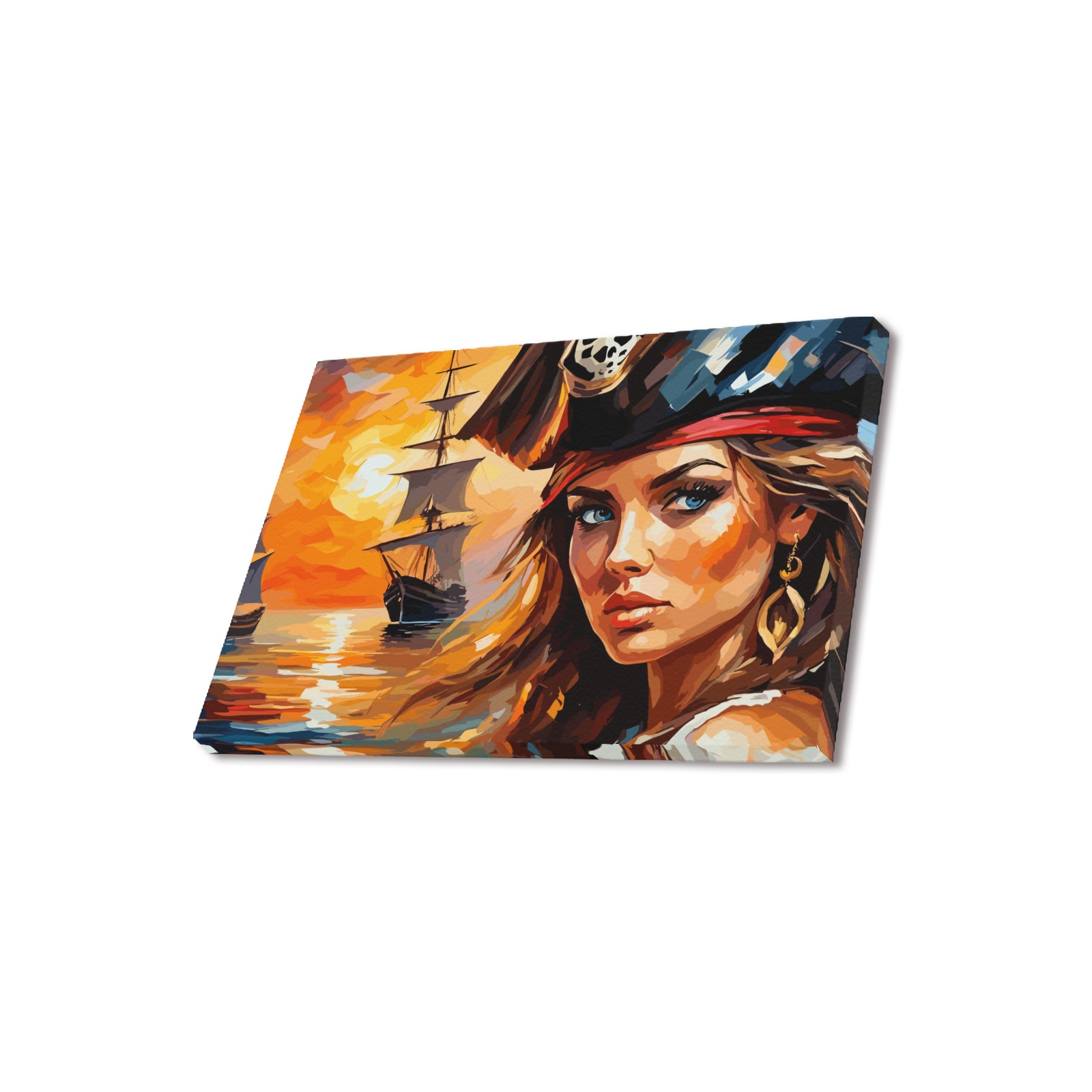 Adorable pirate girl and two tall ships at sunset. Upgraded Canvas Print 18"x12"