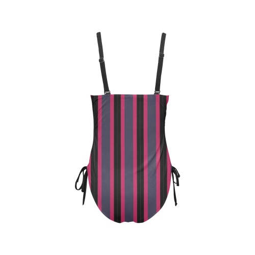 Pink Black and Blue Stripes Drawstring Side One-Piece Swimsuit (Model S14)