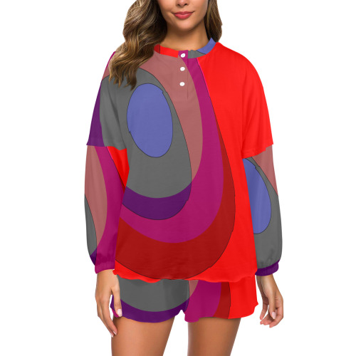 Red Abstract 714 Women's Long Sleeve Mid-Length Shorts Pajama Set