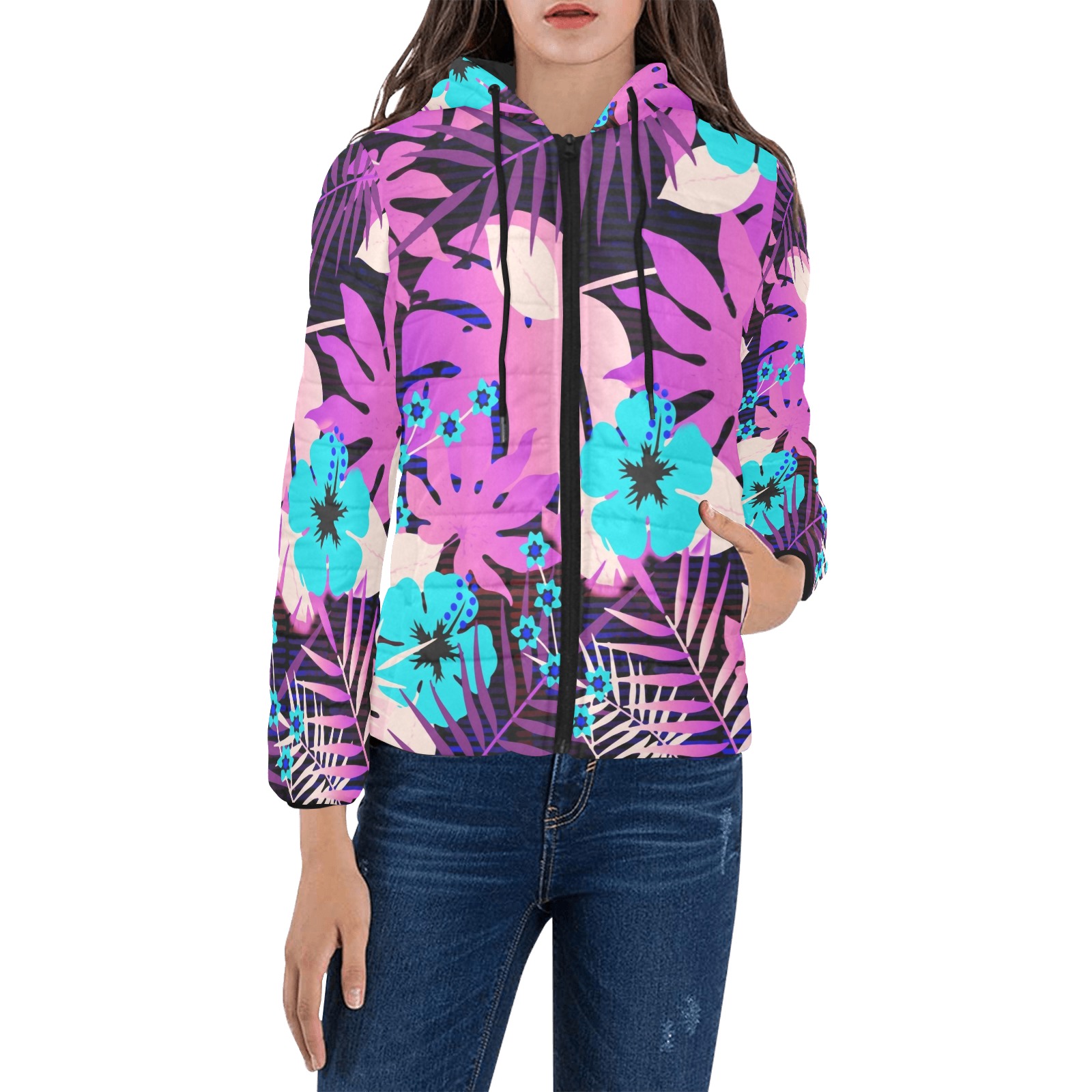 GROOVY FUNK THING FLORAL PURPLE Women's Padded Hooded Jacket (Model H46)