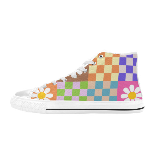 Mid Century Geometric Checkered Retro Floral Daisy Flower Pattern High Top Canvas Shoes for Kid (Model 017)