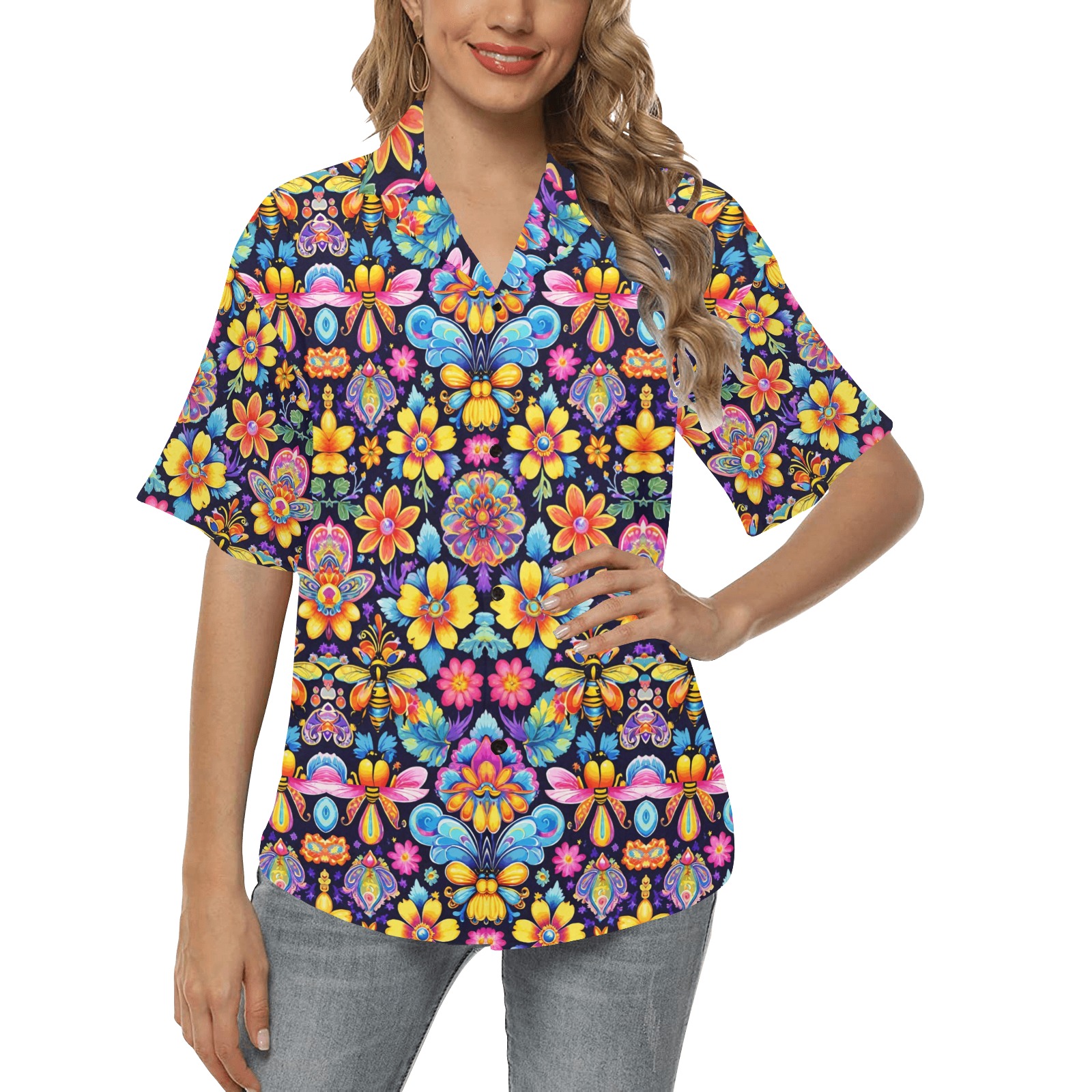 Bees Summer Garden Seamless Nature Pattern All Over Print Hawaiian Shirt for Women (Model T58)