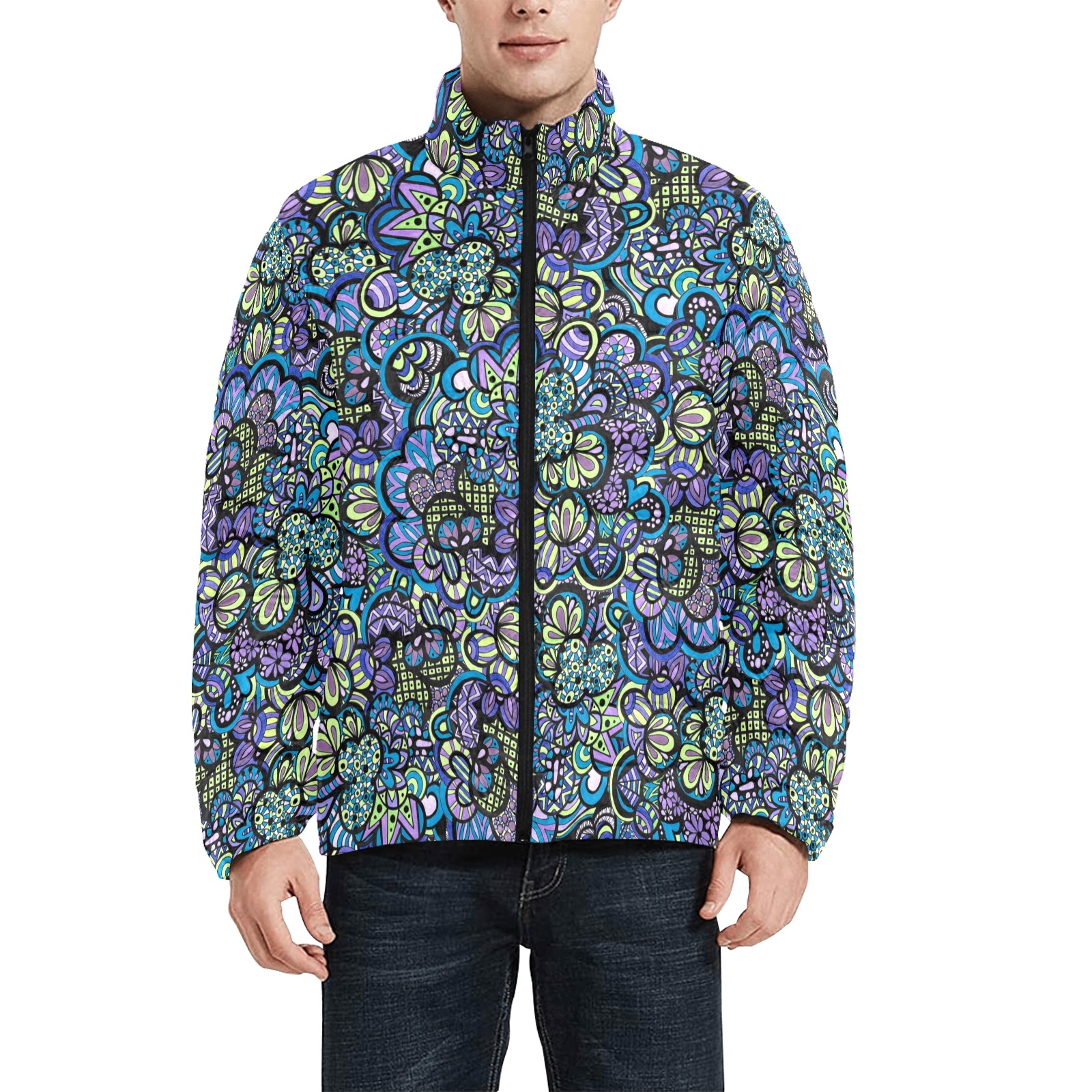 Scrambled Peacock Eggs - Large Pattern Men's Stand Collar Padded Jacket (Model H41)