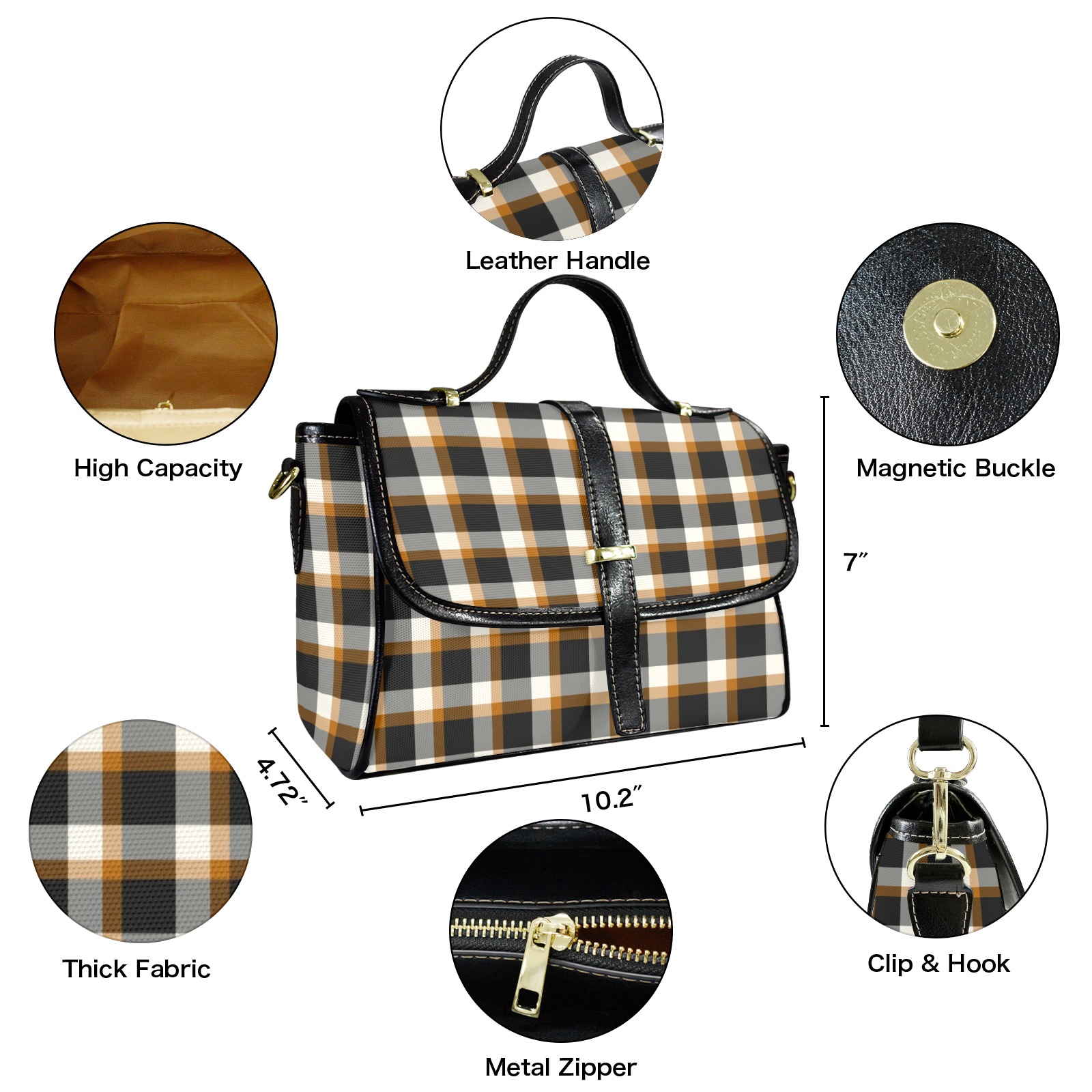 Classic Plaid (Tan) Multi-Function Satchel-Black (Model 1740)