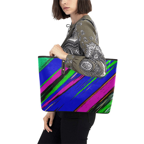 Diagonal Green Blue Purple And Black Abstract Art Chic Leather Tote Bag (Model 1709)