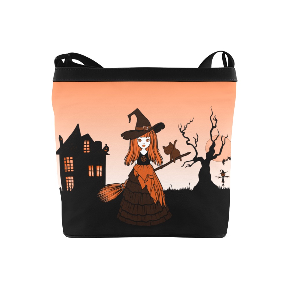 Orange Halloween Witch and Cat Familiar Crossbody Bags (Model 1613)