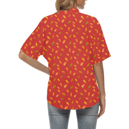 Hot Dog Pattern on Red All Over Print Hawaiian Shirt for Women (Model T58)