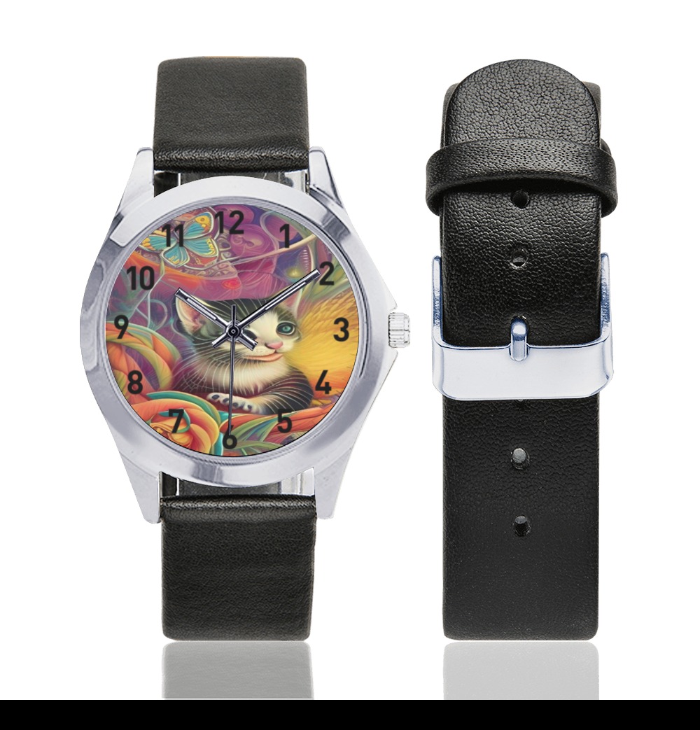 Cute Kittens 1 Unisex Silver-Tone Round Leather Watch (Model 216)
