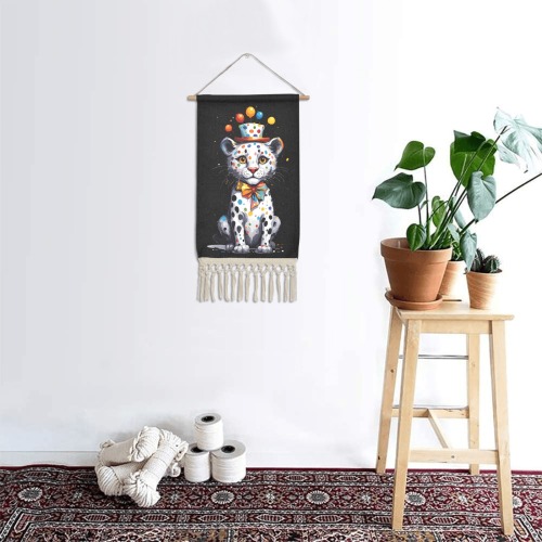 White leopard clown in a tall hat funny art. Linen Hanging Poster