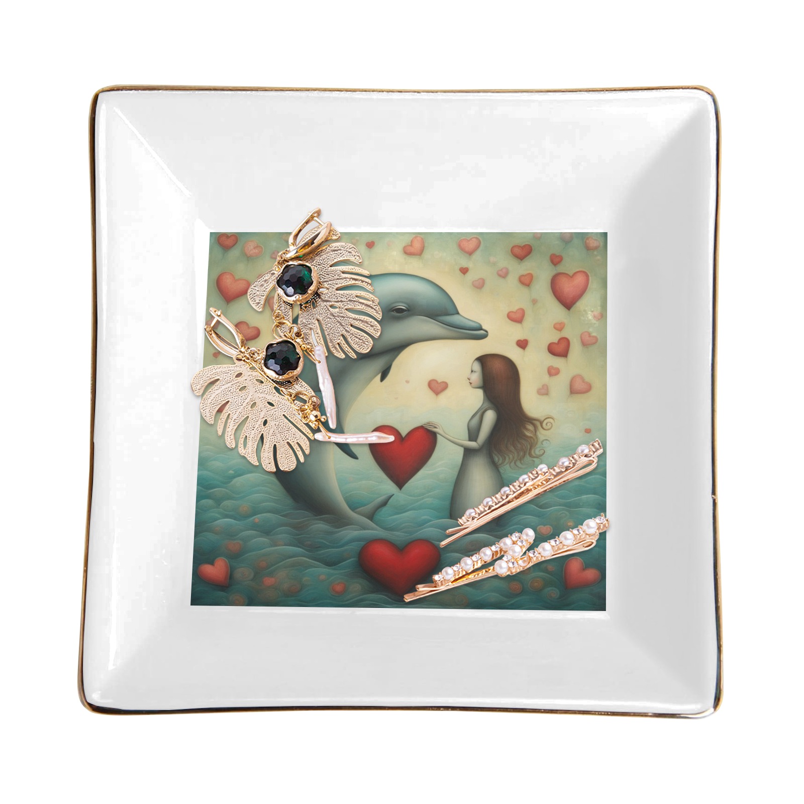 Dolphin Love 1 Square Jewelry Tray with Golden Edge
