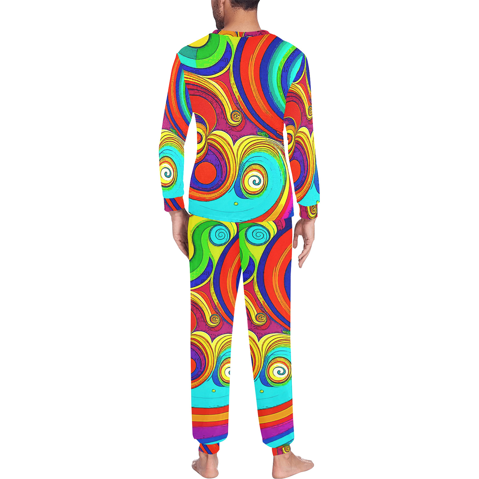 Colorful Groovy Rainbow Swirls Men's All Over Print Pajama Set with Custom Cuff