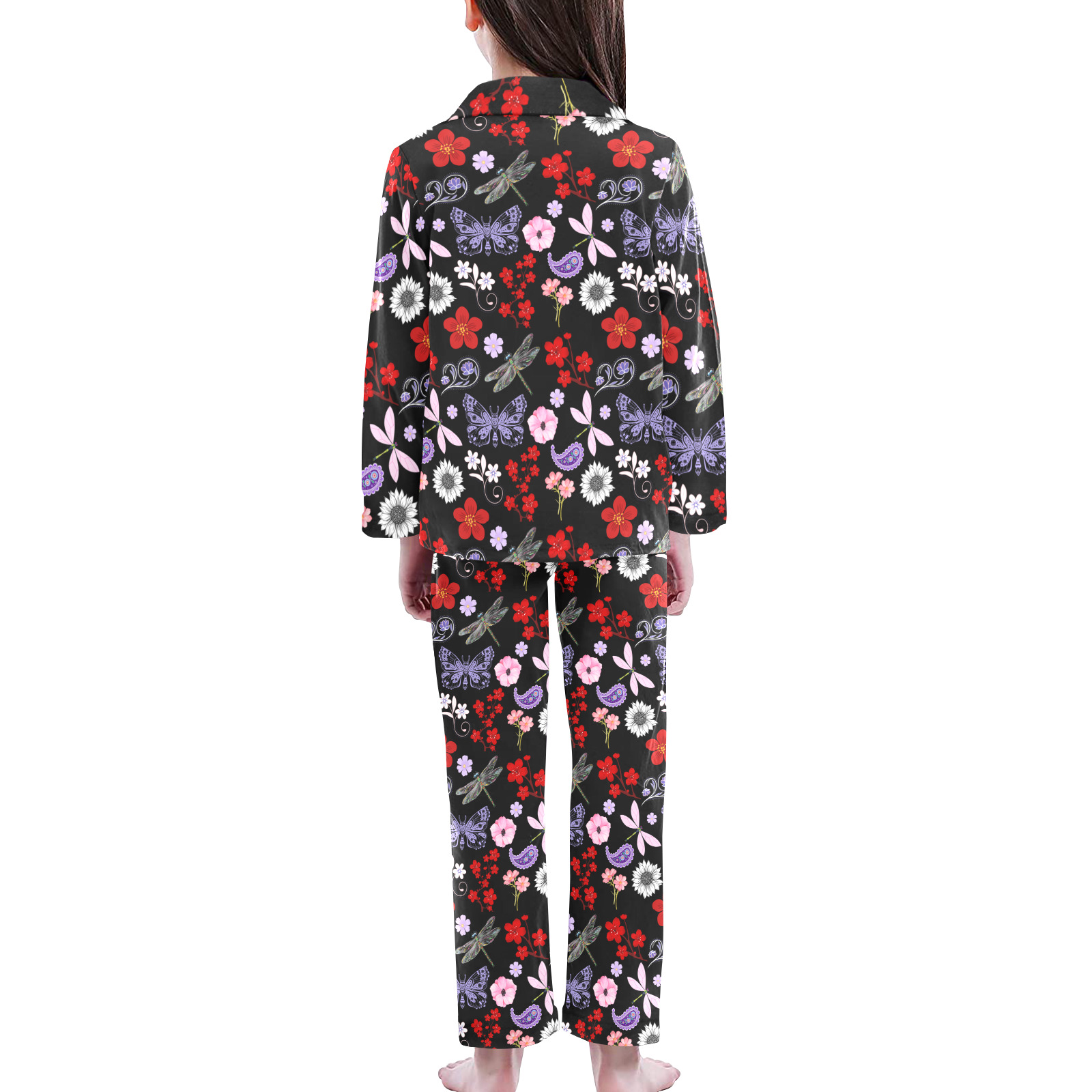 Black, Red, Pink, Purple, Dragonflies, Butterfly and Flowers Design Big Girls' V-Neck Long Pajama Set