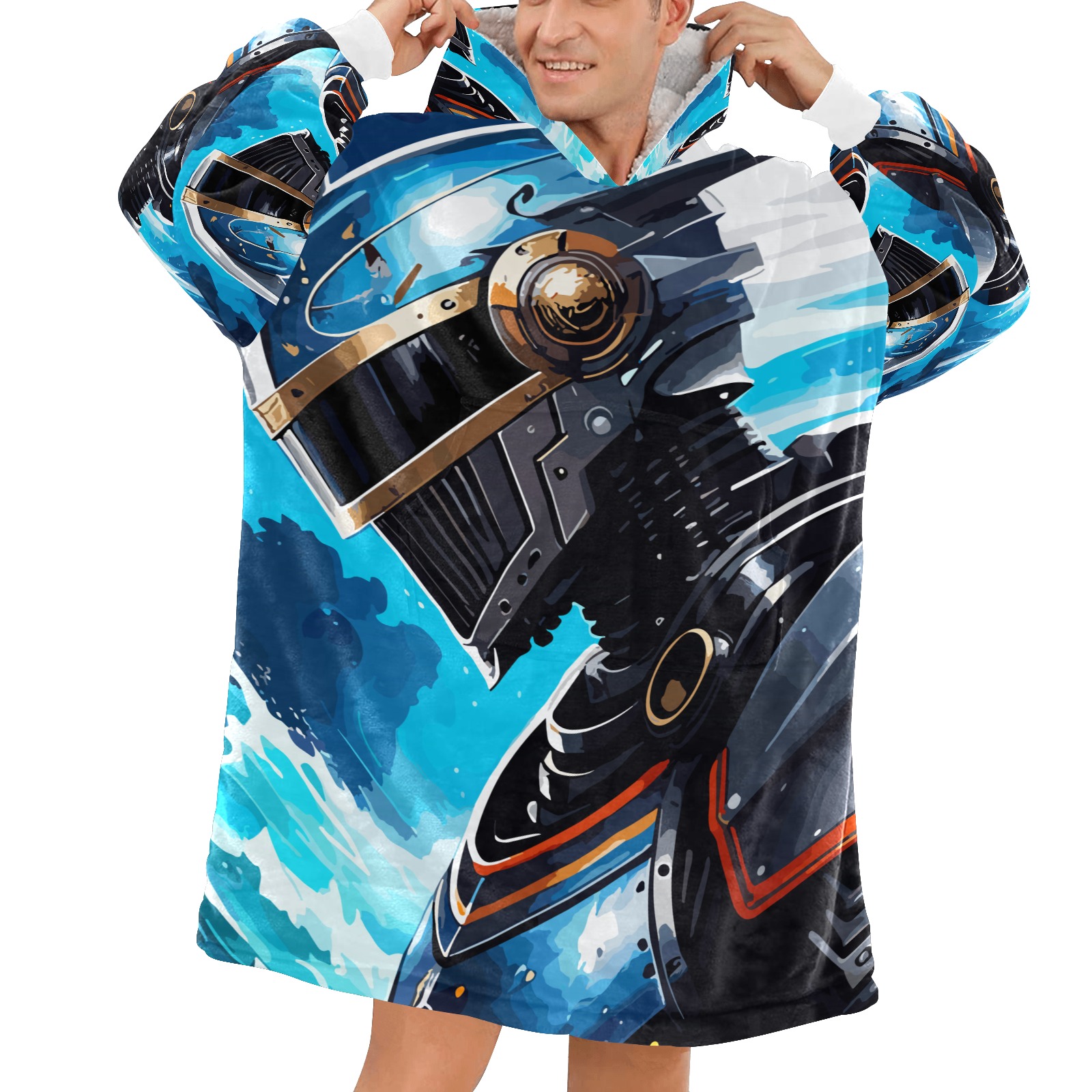 Fantasy futuristic space knight in metal armor Blanket Hoodie for Men