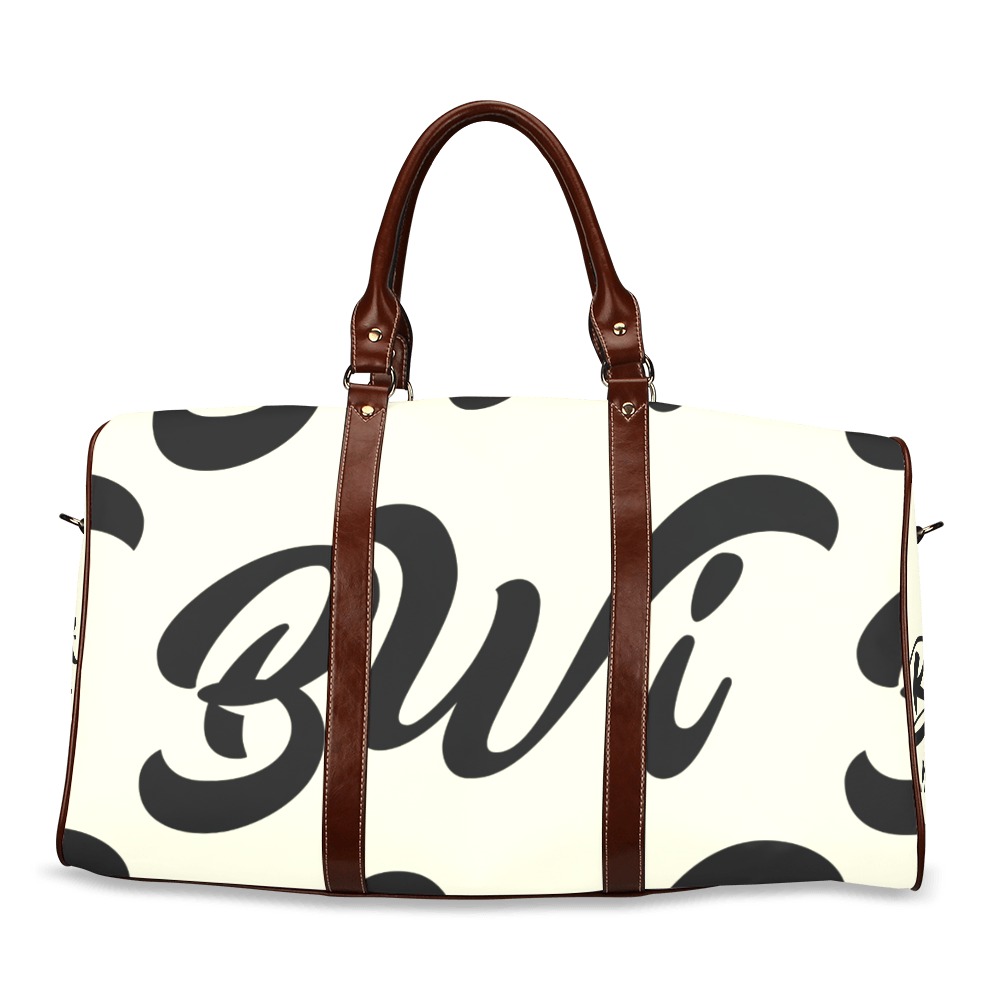 BWi Travel Bag (Large) Beige - Black Font - Brown Leather Straps Waterproof Travel Bag/Large (Model 1639)