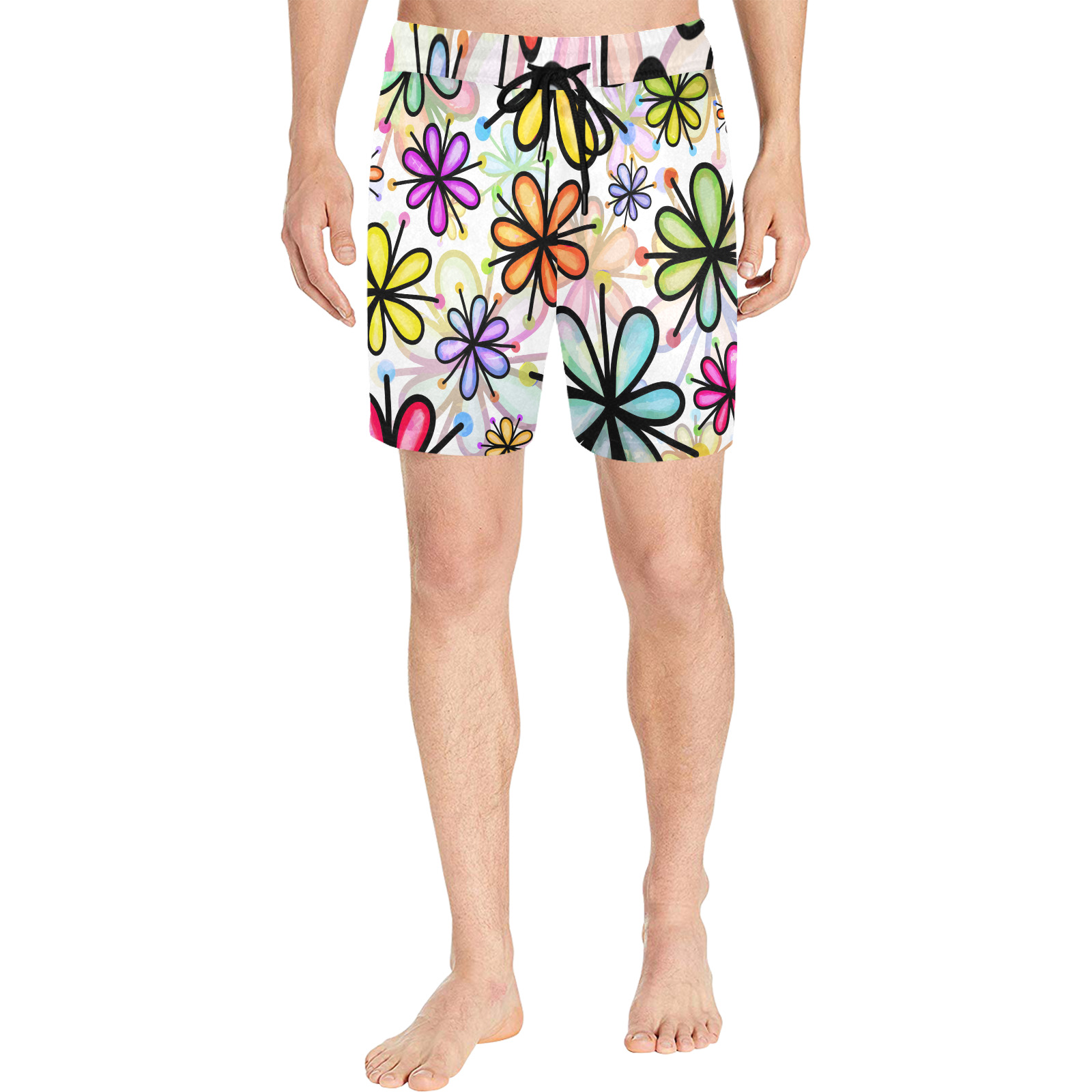 Watercolor Rainbow Doodle Daisy Flower Pattern Men's Mid-Length Swim Shorts (Model L39)