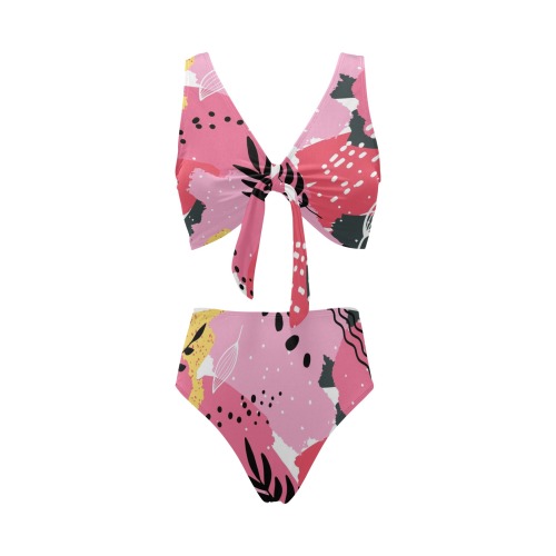 Abstract Floral Pink Chest Bowknot Bikini Swimsuit (Model S33)